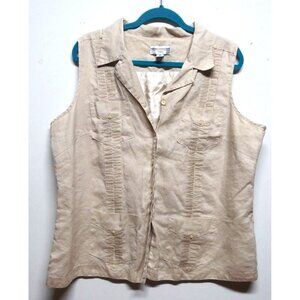 Natural Collections Top 100% LINEN 2X/3X/4X Collared sleeveless pleated beige EC